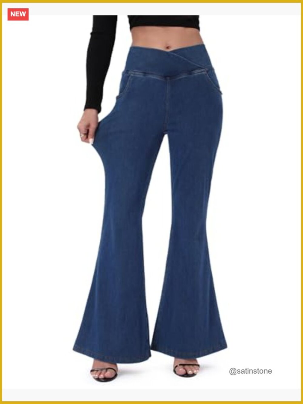 High Waisted Bell Bottom Flare Jeans with Pockets Pull On Stretchy Jeggings - Picture 2 of 7